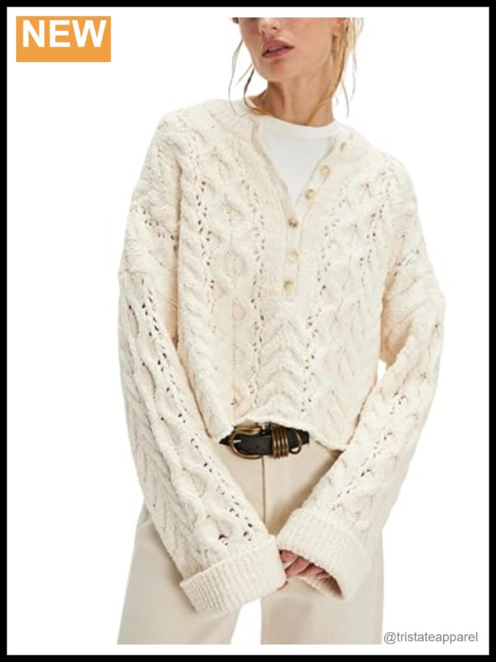 Women's Chunky Cable Knit Long Sleeve Half Button Pullover Sweater